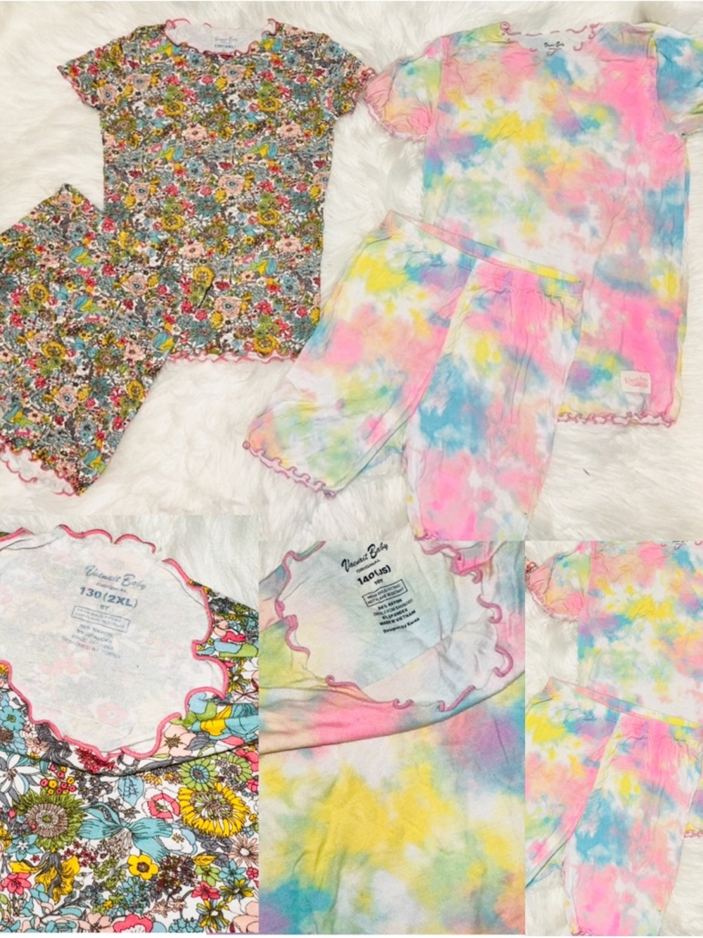 Two-Piece Dainty Floral and Tie-Dye Kids Bamboo Pajama Sets with Ruffle Trim EUC